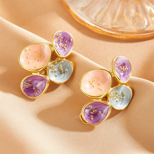Three-tone oval drop earrings in purple and pink enamel with gold bead accents