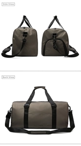 Detail view of olive green travel bag with shoe compartment and luggage sleeve