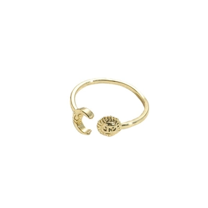 Adjustable gold open ring featuring a celestial sun and moon design with facial details
