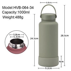 Army green 1L stainless steel thermal bottle with dimensions and handle detail