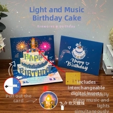 Detailed view of 3D musical birthday card featuring glowing LED lights and blowout sensor