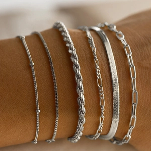 Set of six silver Bohemian metal chains including figaro and snake styles for women