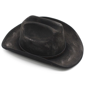Close-up of distressed black western cowboy felt hat featuring vintage burnt texture design