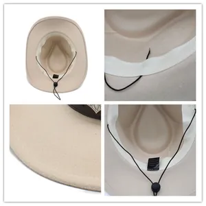 Chapeau de cowboy en laine beige à large bord avec mentonnière noire ajustable