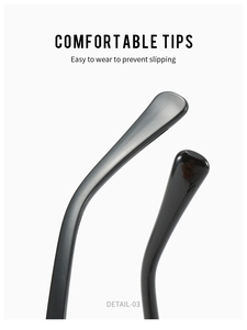 Close-up of thickened glossy black temple tips on round anti-blue light glasses