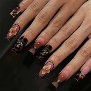 Press On Nails Long Square Leopard Print Vintage Floral Metal Cross 3D Cherry Rhinestone Retro Brown Spicy Girl Style