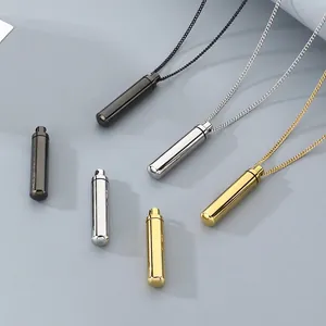 Minimalist Stainless Steel Cylinder Pendant Necklace Openable Waterproof Perfume Bottle Urn Cremation Jewelry For Men