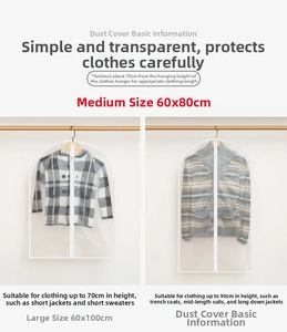 Size chart for PEVA dust covers showing medium and large dimensions for various clothes
