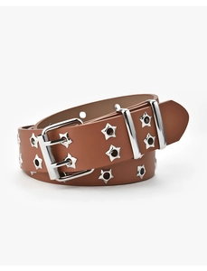 Detail of a brown PU leather belt featuring silver star rivets and a metal pin buckle