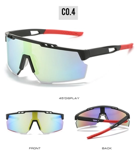 Drei Ansichten der Sport-Sonnenbrille mit bunten verspiegelten Gläsern und roten Bügeln