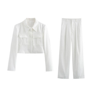 Women's two-piece set featuring a white cropped lapel jacket and high-waisted wide-leg pants