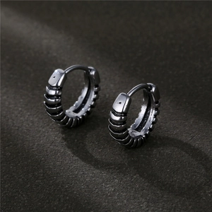 Vintage oxidized silver stainless steel hoop earrings with textured wave pattern