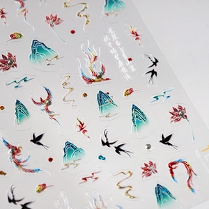 Chinese style phoenix and landscape embossed nail stickers with laser gold foil details