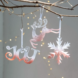 Pink gradient Christmas ornaments featuring JOY letters, reindeer, and snowflakes