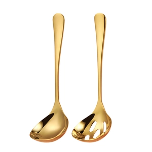 Polished golden 304 stainless steel soup ladle and slotted spoon set for kitchen use