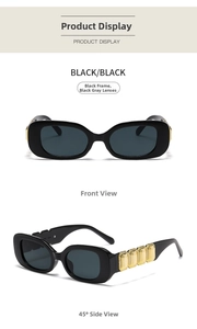 Detail view of retro black sunglasses featuring luxury oversized gold temple accents