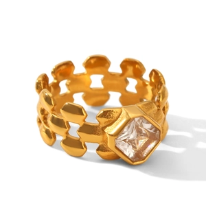 Bague style bracelet de montre en acier titane doré avec zircone carrée centrale