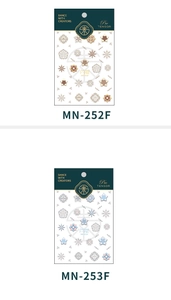 Detail of MN-252F and MN-253F matte cartoon nail stickers with floral and snowflake patterns