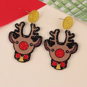 Festive Christmas reindeer earrings with glitter gold accents and red bells for women