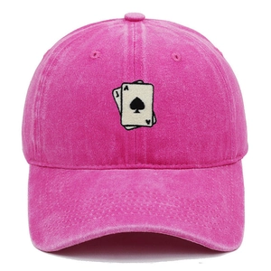 Detailed embroidery of King and Ace of Spades on vintage washed rose red baseball cap