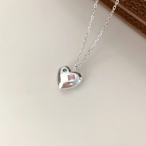S925 sterling silver heart pendant necklace with green and pink gemstones on silver chain