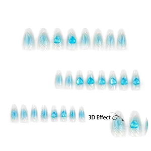 Blue gradient almond press-on nails with 3D heart charms and silver swirls 24pcs set