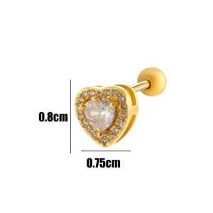 Macro shot of gold heart stud earring with white zircons showing 0.8cm by 0.75cm dimensions