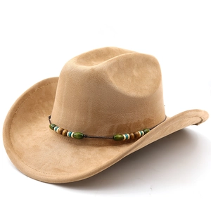 Classic camel suede cowboy hat with ethnic beaded band and wide brim for sun protection