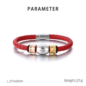 Macro shot of red braided cowhide leather bracelet with magnetic clasp and metal beads