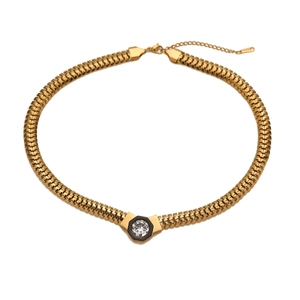 18K gold plated necklace featuring a hexagonal white zircon pendant on a textured chain