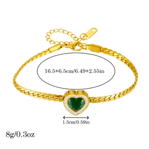 Bracelet chaîne serpent dorée avec pendentif cœur vert émeraude et zircons
