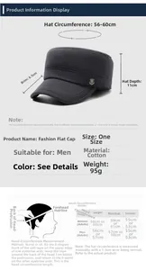 Detailed size chart for men's winter flat cap showing cap circumference and head measurements