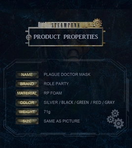 Detailed spec sheet for a steampunk plague doctor mask made from durable RP foam material