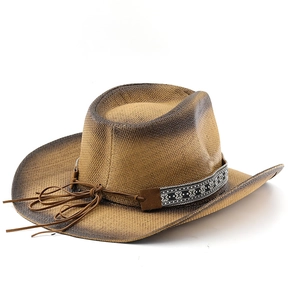 Detailed close-up of woven straw texture and ethnic patterned band on a cowboy hat