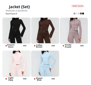 Collage of slim fit yoga sets in five colors featuring stand collar zipper and side pockets