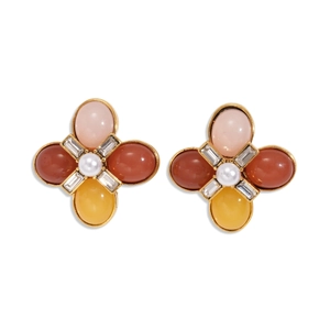 Floral stud earrings with colorful gemstones and a central pearl in a gold setting