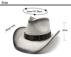 Detailed size guide for Western straw cowboy hat with 57-58cm circumference and 9cm brim