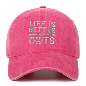 Detailed embroidery on rose red washed cotton baseball cap with Life is Better with Cats text