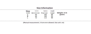 Detailed size chart showing waist and hip measurements for the two-piece shorts set