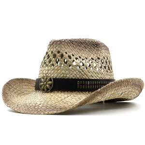 Chapeau de cow-boy en paille rétro avec couronne aérée et ruban décoratif à fleurs