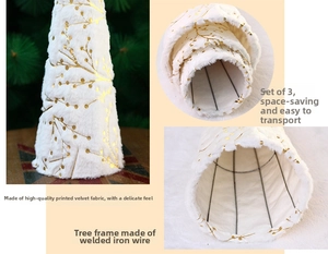 Dettaglio di alberi di Natale in velluto bianco con stampe oro e supporto in ferro