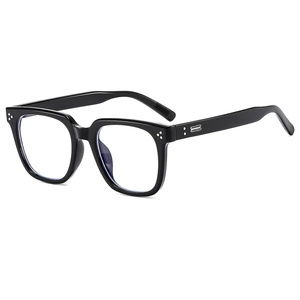 Classic black square anti-blue light glasses with silver metal stud accents on the frame