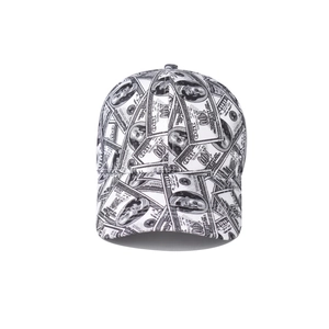 Detailed view of white canvas baseball cap with 100 dollar bill print and Franklin portrait