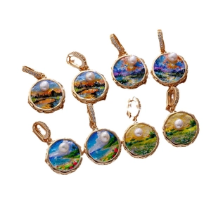 Vintage oil painting style purple floral pendants with gold metal frames and pearls