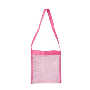 Detail of pink mesh beach bag featuring a durable long shoulder strap and fabric closure