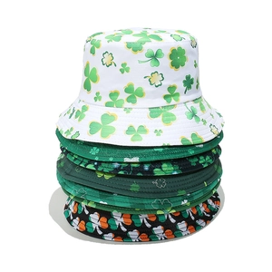 St. Patrick's Day themed bucket hats featuring Irish shamrock prints in multiple colors