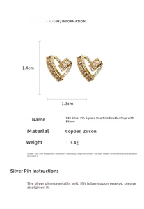 Close-up of gold heart stud earrings with cubic zirconia and size 1.4x1.3cm measurements