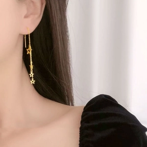 French style star drop earrings in 18K gold plated steel with long tassel chains