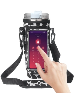 Waterproof cow print bottle sleeve with adjustable strap and touchscreen phone pocket
