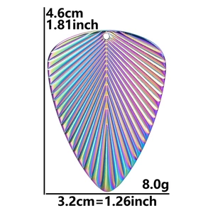 Detailed view of iridescent leaf pendant with dimensions 4.6cm by 3.2cm and 8.0g weight